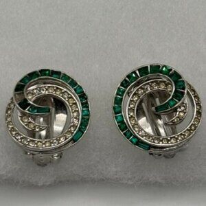 Vintage Ciner Clip-On Earrings, Faux Emerald and Diamond Swirl Silver Tone Metal
